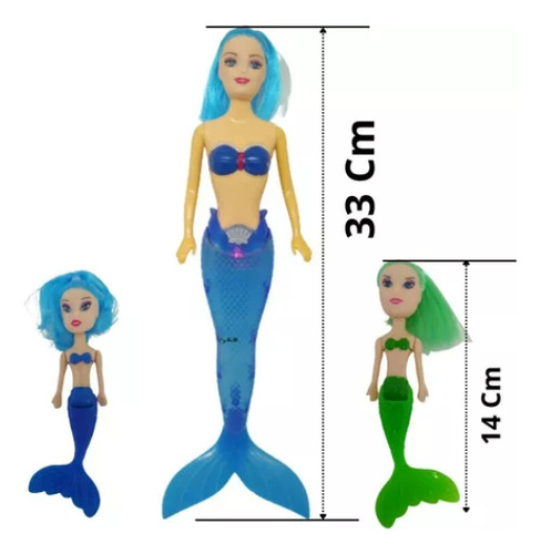 Boneca Sereia + 2 Sereia Pequena Com Luz Brinquedo Infantil