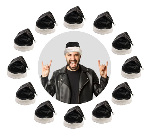 12 Gorros Negro Metálico Navidad Dark Santa Claus Rock