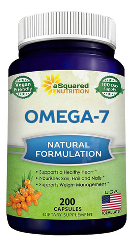 Omega 7 Asquared 900mg Buckthorn X200 Cap +3 Meses Vegan Usa Sabor Neutro