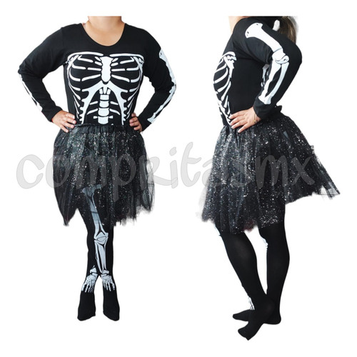 Dizfras Esqueleto Hueso Hallowen Gotico Catrina Calabera Mujer Con Tutu + Mallas Esqueleto + Tatto Catrina