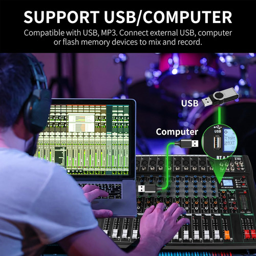 Mezclador De Audio 12 Canales Usb Bluetooth Con Efectos Digi