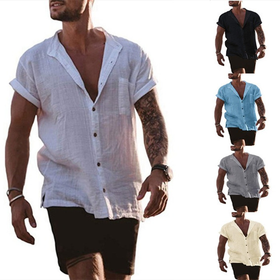 Camisa Multicolor Manga Corta Casual Lino Playa | Cuotas sin