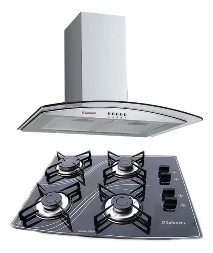 Fogão Cooktop 4 Bocas Preto + Coifa Curva 60cm Safanelli