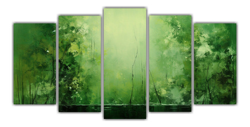 150x75cm Cuadro Abstracto Verde: Bosque En Cinco Lienzos