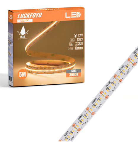 Fita Led 5 Metros Smd/1812 336 Led/metro 8mm Ip20 12v Branco Quente 3000k