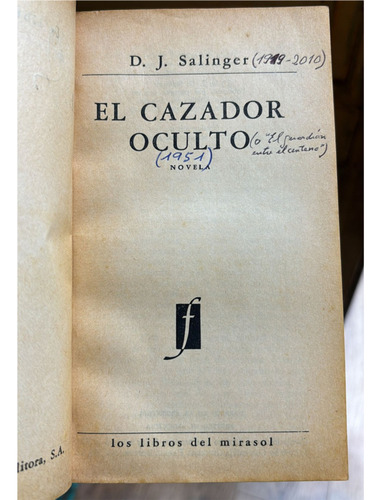 El Cazador Oculto J. D. Salinger 1er Ed 1968 Argentina (Usado)