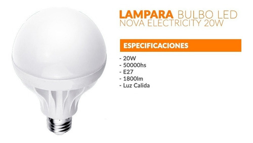 Lampara Globo Led 20w Luz Fria Nova Electricity E27 50000 Hs