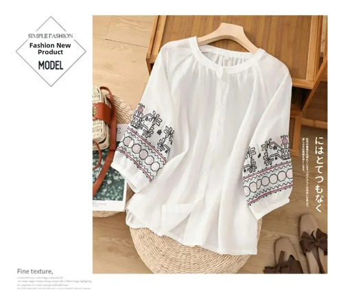 Blusa Bordada De Lino Y Algodón Con Mangas Tipo Farol