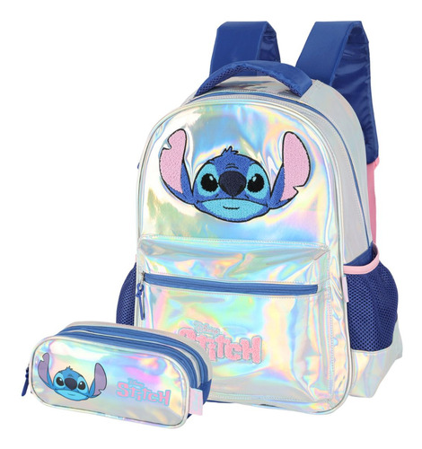 Mochila Costas Stitch Com Estojo Triplo Escolar Holográfico