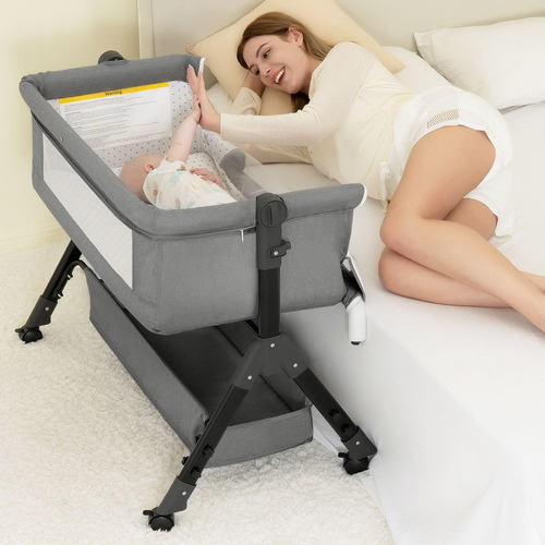 Baby Bassinet Bedside Sleeper 3-in-1 W/ Wheels & Storage Gre