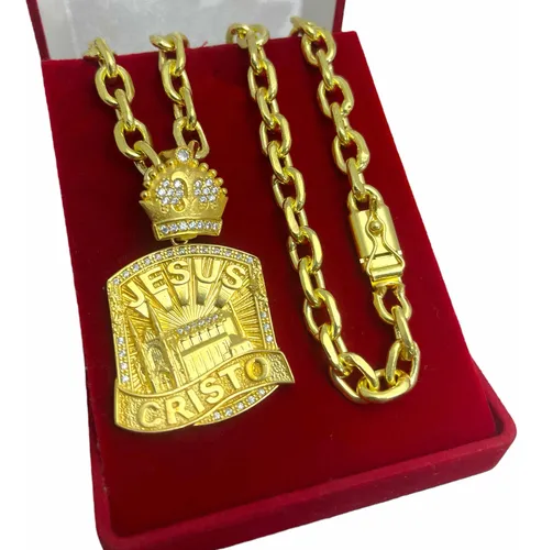 Cordão De Moeda Antiga Maciça Cadeado 8mm Pingente Jesus