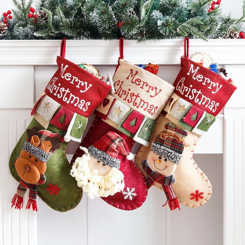 Calcetín Navideño Para Regalos Chimenea Reno 3 Piezas