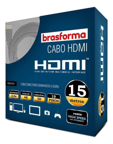 Cabo Hdmi 2.0 4k Alta Performance 15 Metros Brasforma