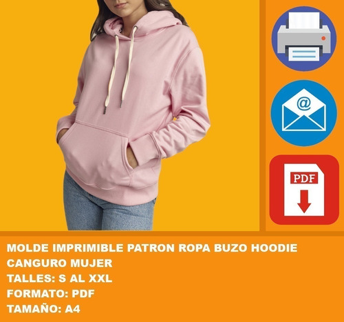 Molde Imprimible Patron Ropa Buzo Hoodie Canguro Mujer 2x1
