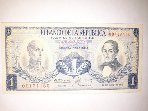 Billete De 1 Peso Reposición 1972 Original Colombia Banrepúb