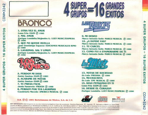 Cd 4 Super Grupos 16 Exitos Bronco Bukis Yonics Mier (Usado)