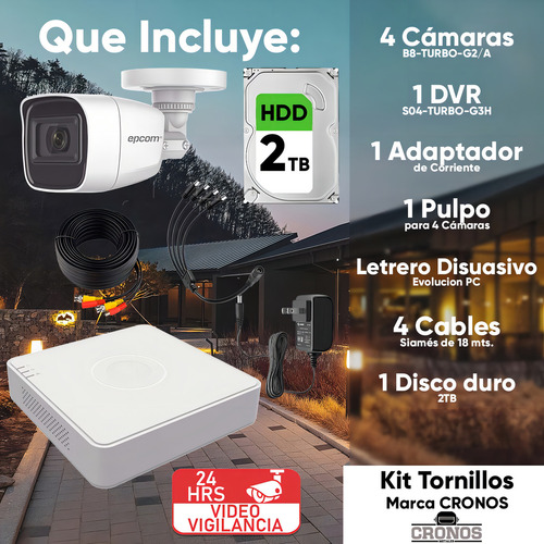 Epcom Kit Camaras De Seguridad De Video Vigilancia Metalicas Con Microfono Integrado Modelo B8-mic-plus+2tb 2mp Con Disco Duro 2tb Cctv Cámaras Bala Con Audio Por Coaxitron Turbohd 1080p Lite