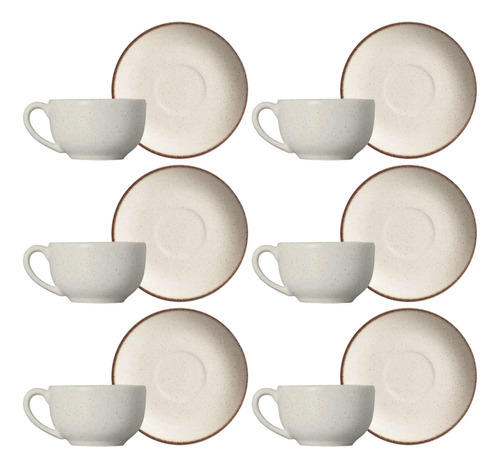 Conjunto 6 Xícaras De Chá Com Pires Cerâmica Vanilla 250ml Bege Vanilla