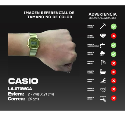 Imagen 2 de 8 de Reloj de pulsera Casio Youth LA670 de cuerpo color dorado, digital, para mujer, fondo negro, con correa de acero inoxidable color dorado, dial negro, minutero/segundero negro, bisel color dorado y hebilla de gancho