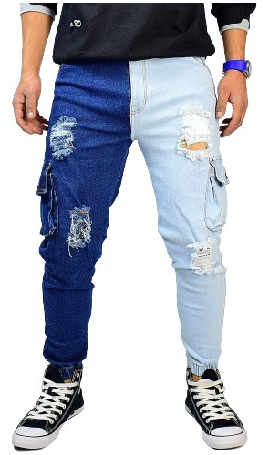 Jean Cargo Dos Colores Roto En Jean Para Hombre