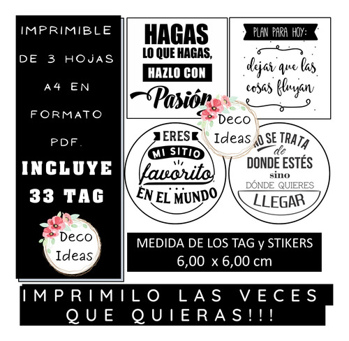Imagen 2 de 5 de Kit Imprimible 06 Frases Motivadoras Stikers Tag Topper