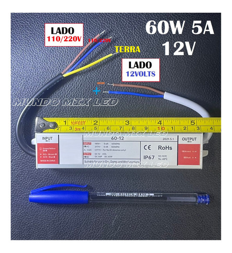 Imagem 3 de 3 de Fonte Blindada Automática Para Led Ip67 60w 12v 5a Bivolt