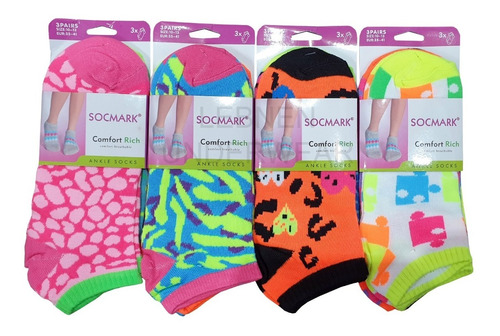 Pack X 6 Medias Soquetes Dama Estampado Fluo Lebnen