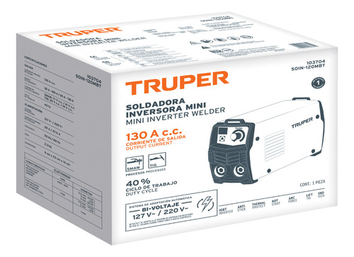 Mini Soldadora Inversora 130 A Bi-voltaje 127 V/220 V Color Naranja Truper SOIN-120MBT