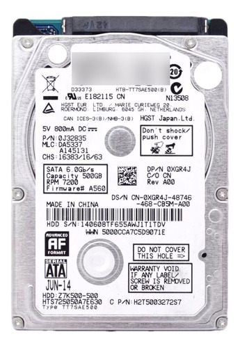 Hd Sata Hgst 500gb 7.2k 2.5 Para Notebook Hts725050a7e630 Cor Prateado