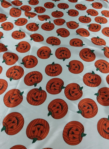 Tecido Cetim Estampado Fundo Branco Halloween Abóboras