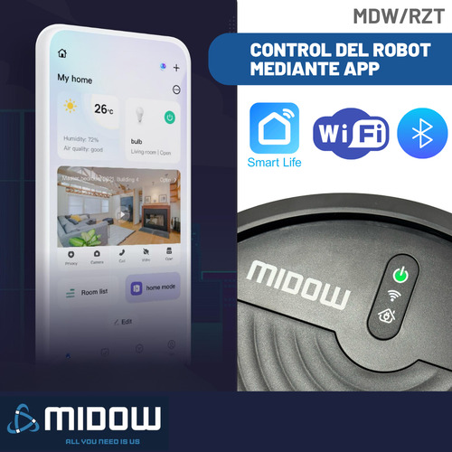 Aspiradora Robot Midow Wifi Smart Trapeador 3 Modos Limpieza Base Recarga Automatica Negro