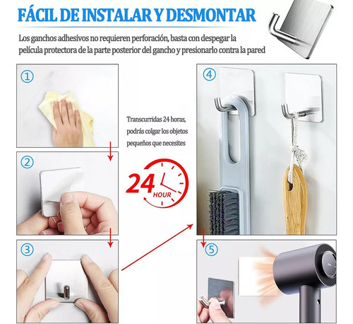 6 Ganchos Adhesivos De Acero Inoxidable Para Baño O Cocina