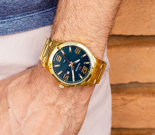 Imagem 3 de 9 de Relógio Technos Masculino Aço Dourado Preto Original