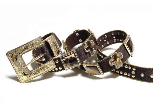 Imagem 2 de 4 de Cinto Moda Country Marrom Com Strass E Pedrarias