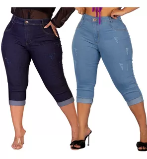 Kit 2 Calça Jeans Fem Capri Plus Size Cintura Alta Conforto