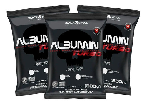 3x Albumina Turbo Refil 500g - Black Skull - Clara De Ovo Sabor Sem Sabor