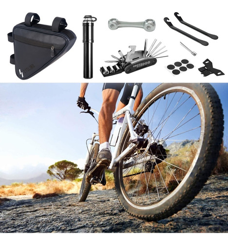 Imagen 3 de 10 de Kit Para Bicicletas Bomba Bolso Parches Y Multiherramientas