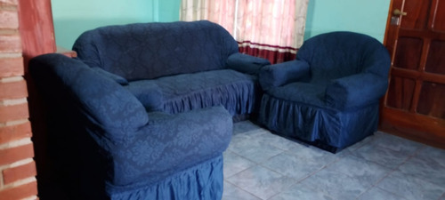 Fundas De Sillon 3+1+1 .alto Relieve 'tramada Azul Oscuro Floreado