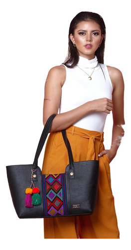 Bolsa Dama Curpiel Telar Artesanal Tejido Bolso Mujer Moda Color Negro Diseño de la tela Mazatlán Rombos