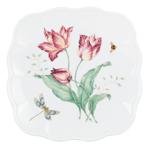 Plato De Acero Inoxidable Mariposa En Fondo Blanco Multicolo