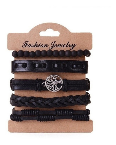 Conjunto Pulsera Hombre Cuero 5 En 1 Arbol Vida Negro