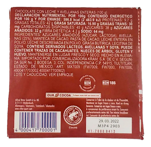 Chocolate Con Leche Y Avellanas Enteras Ritter Sport 100 G