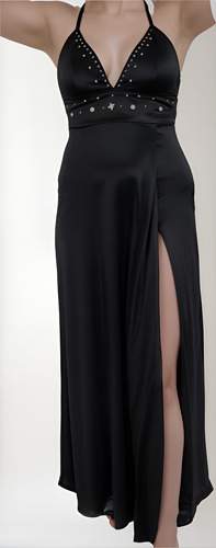 Vestido Negro Simil Raso De Fiesta Con Tajo 2 Seleccion