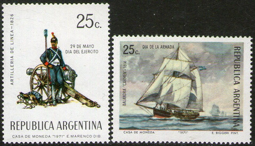 Argentina 2 Sellos Mint Día De La Armada Y Del Ejército: Balandra ntra. Sra. Del Carmen, Cañón Y Soldado Año 1971 