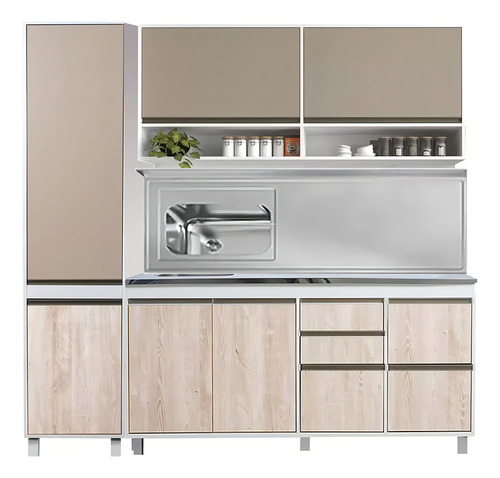 Combo Bajo Mesada 160 Cm - Alacena 160 - Despensero 45x200 Cm Sorrento Ricchezze - Mesada Acero Inoxidable Johnson