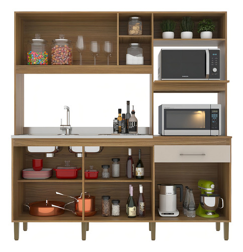 Cocina compacta de 5 puertas y 1 cajón IPê/Cristalo, color decibal, marrón claro