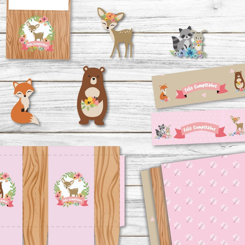 Kit Imprimible Animales Del Bosque Rosa, Candy Bar. Editable