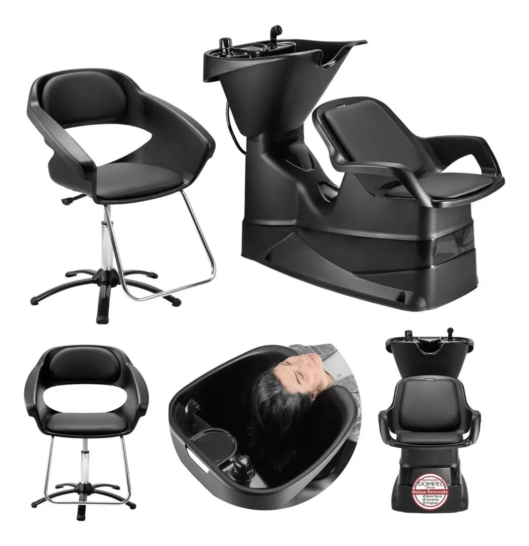 Cadeira Salão De Beleza E Cabelereiro + Lavatório De Cabelo Cor Preto Forma Da Base Redonda Tipo De Encosto Fixo