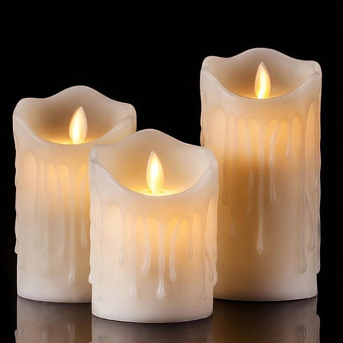 Set 3 Velas Velones Led Calido Efecto Fuego Sin Humo A Pilas