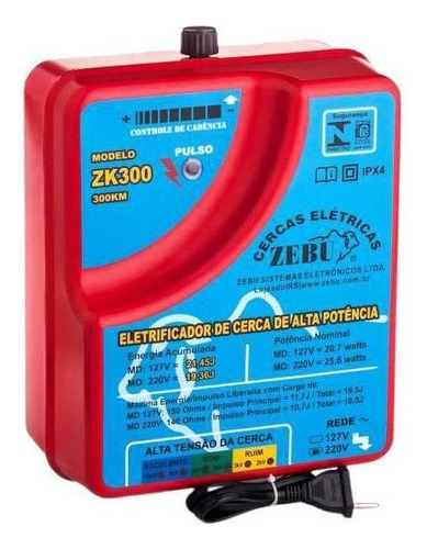 Eletrificador De Cerca Zebu Zk300 220v Luz 19,36 Joules